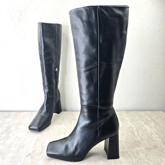 Black Leather Tall Heeled Boots Knee High Block Heel Square Toe Minimalist Chic - Picture 1 of 15